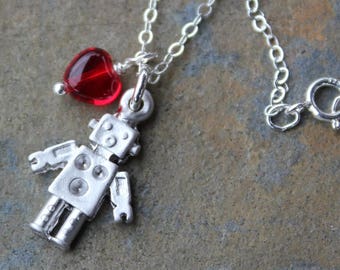 Robot love necklace - tiny matte silver robot and red glass heart charms on sterling silver chain - Free Shipping USA - Mini Sci Fi Fun