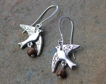 Coconut Laden Swallow Earrings- for Monty Python Holy Grail Fans- Silver tone bird charms, wood beads, silver plated hooks-