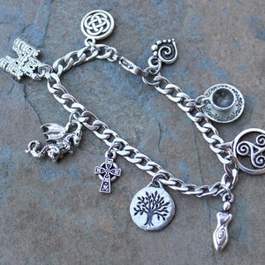 Wales Stainless Steel & Silver Pewter Charm Bracelet Welsh themed charms castle, dragon, tea cup, Celtic symbols, tree of life image 1