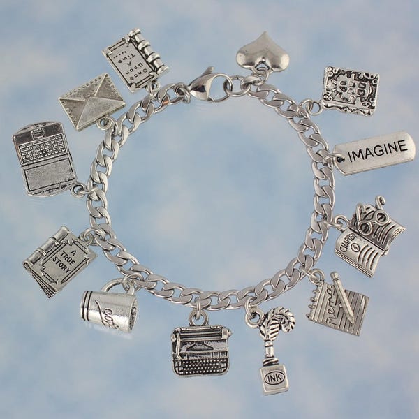 Love to Write Stainless Steel & Pewter Charm Bracelet - writing + author writer themed charms -Free Shipping USA