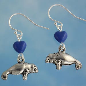Manatee Love Earrings pewter dugong charms, blue glass heart beads, sterling silver hooks ocean, beach, sea cow image 1