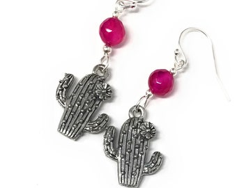 Cactus Earrings - pewter saguaro charms and hot pink agate beads - sterling silver hooks - Desert Fun