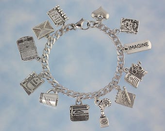 Love to Write Stainless Steel & Pewter Charm Bracelet - writing + author writer themed charms -Free Shipping USA