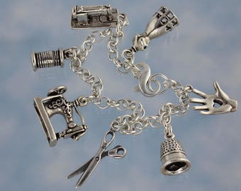 Love to Sew Solid Sterling Silver Charm Bracelet - 2 sewing machines, scissors, thimble, spool of thread, dress form, hand-