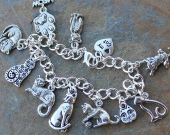 Love My Cat charm bracelet - pewter kitty themed charms on silver plated chain -Free Shipping USA - child size to plus size