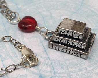 Love to Learn Necklace - Stack of Books - Math, Science, History - Pewter charm & red glass heart on oxidized textured sterling silver chain