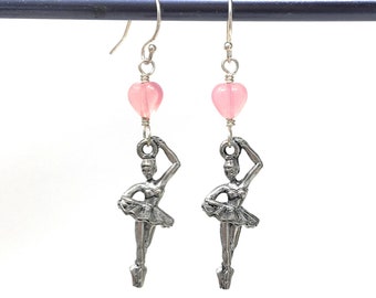 Ballerina Earrings - pewter ballet charms and pink glass hearts on sterling silver earwires - dancers -