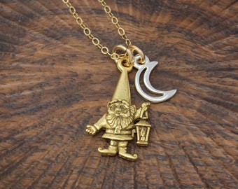 Golden Gnome and Silver Crescent Moon Necklace - woodland fairy creature fun -  14k gold filled chain, Gold + Silver Plated Pewter Charms