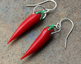 Red hot chili pepper earrings - long bright red lampwork glass beads on sterling silver hooks