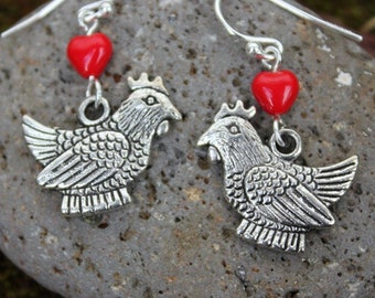 I Love Chickens earrings - fat silver tone hen under red glass heart, on sterling silver earring hooks - other heart colors available