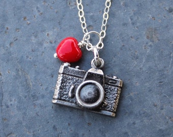 Photography Necklace - antique silver camera charm and red heart on a sterling chain - great gift for photographer