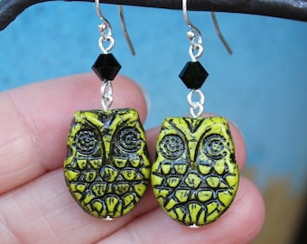 Wasabi & Black Owl Earrings - Black and avocado green glass bird beads, jet black crystals, sterling silver earwires