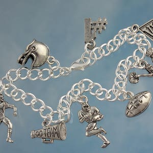 Football Fan Charm Bracelet - with optional team color crystal dangles - Pewter Charms, Silver Plated Chain- Sports Theme- Gift for fans