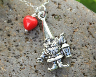 Lovely Gnome Necklace - red heart -sterling silver chain - woodland fairy creature fun - Free Shipping in USA