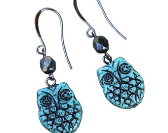 Turquoise & Black Owl Earrings - Black washed aqua glass bird beads and jet black beads on long gunmetal earwire hooks