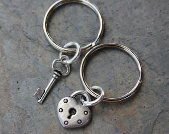 Key to my heart keychains  - two key rings, with heart lock & key charms - for couples and best friends - anniversary, friendship