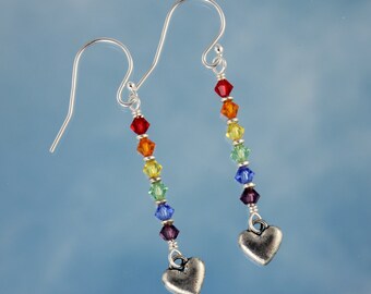 LGBTQ Pride earrings - Swarovski crystal beads and tiny hearts on sterling silver ear wires- LGBTQ flag colors - rainbow