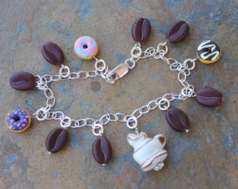 Coffee Break charm bracelet - coffee beans, doughnuts and steaming mug of coffee on sterling silver chain -Free Shipping USA