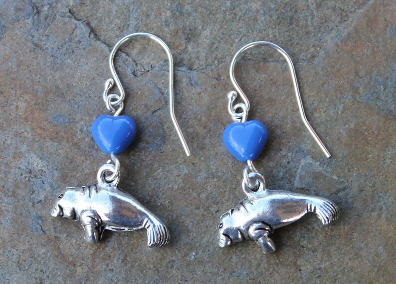Manatee Love Earrings pewter dugong charms, blue glass heart beads, sterling silver hooks ocean, beach, sea cow image 2