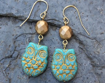 Gilded Owl Earrings - Gold washed turquoise glass bird beads and faceted gold glass beads on 14k gold filled earwires