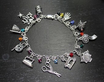 Deluxe Love to Knit and Sew Charm Bracelet-  Swarovski crystals, sterling silver chain- sewing & knitting charms -