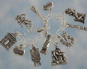 Artist Charm Bracelet - pewter charms, sterling silver chain - painting, sculpture, drawing, art  themed charms- multiple sizes