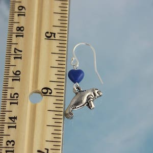 Manatee Love Earrings pewter dugong charms, blue glass heart beads, sterling silver hooks ocean, beach, sea cow image 4