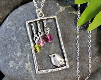 Spring Visitor Necklace- cute bird under green + pink 'flowers' - non tarnish pendant on sterling silver chain, Swarovski crystal dangles