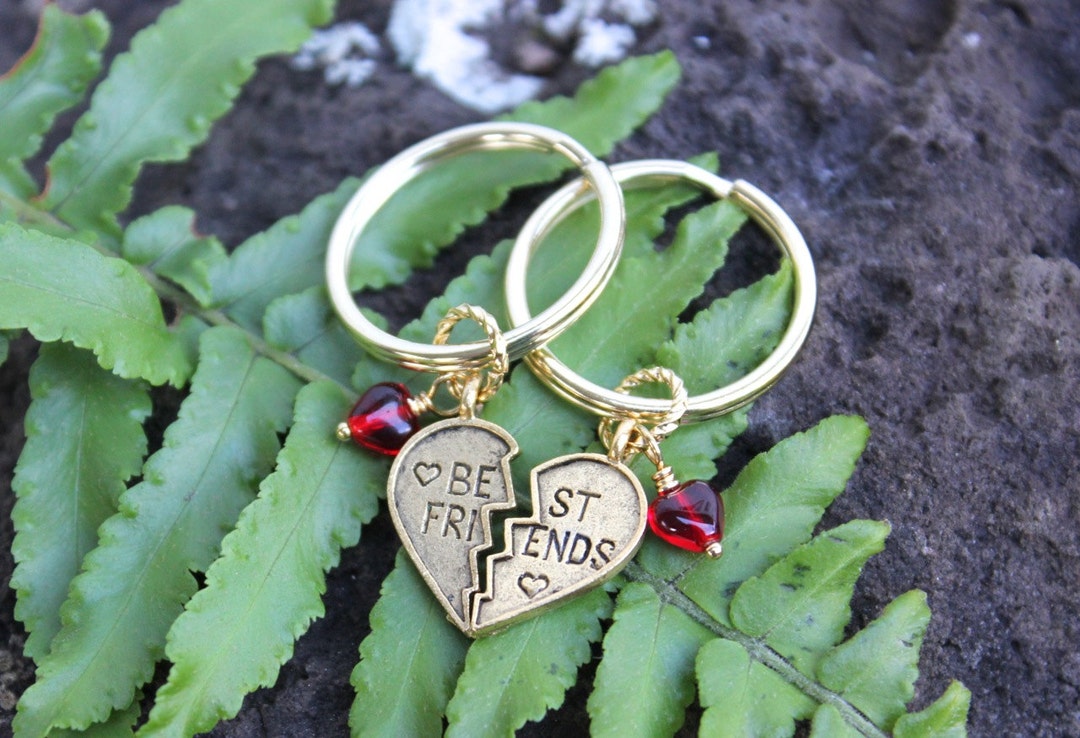 Best Friends Gold Keychains- Rustic Antiqued Gold Split Heart and Red ...