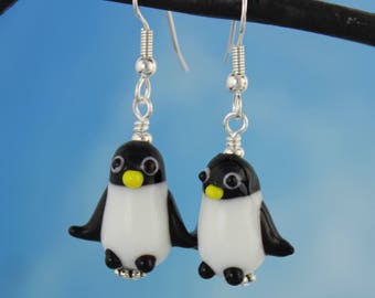 Happy Penguin earrings- black + white lampwork bird beads, silver plated surgical steel ear wires -Free Shipping USA- Winter Holiday