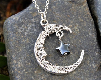Wise moon & star necklace - Crescent man on the moon silver charm, black hematite gemstone star -delicate sterling silver chain