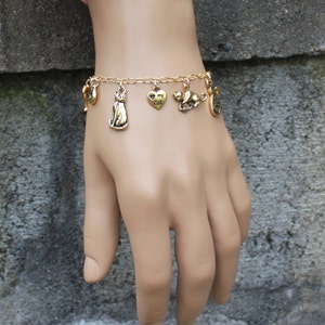 Love My Cat Charm Bracelet 22k gold plated pewter cat and heart charms on a gold filled chain charms made in USA image 3