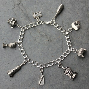 Wine & Cheese silver charm bracelet cheese, wine, champagne, corkscrew, wine glass, barrel, bottle on a chunky chain image 2