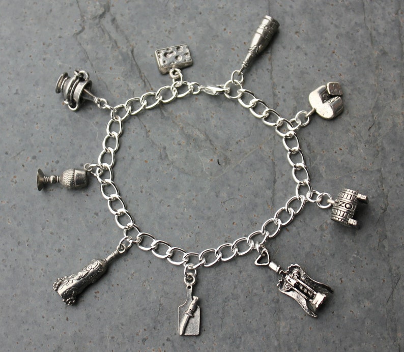 Wine & Cheese silver charm bracelet cheese, wine, champagne, corkscrew, wine glass, barrel, bottle on a chunky chain image 2