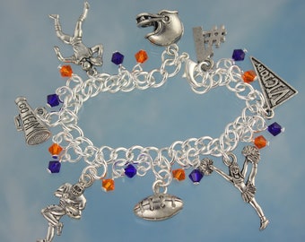 Denver Broncos Football Fan Charm Bracelet - orange and blue team color crystal dangles - Pewter Charms, Silver Plated Chain- Sports Theme