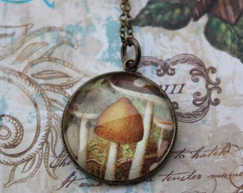 Forest Mushrooms Necklace -  Fungus illustration glass charm on antiqued brass chain - sepia tones - retro style-