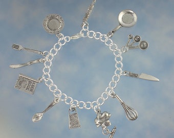 I Love to Cook Chef Charm Bracelet - pewter cooking utensils on chunky silver plated steel bracelet - perfect gift for cooks