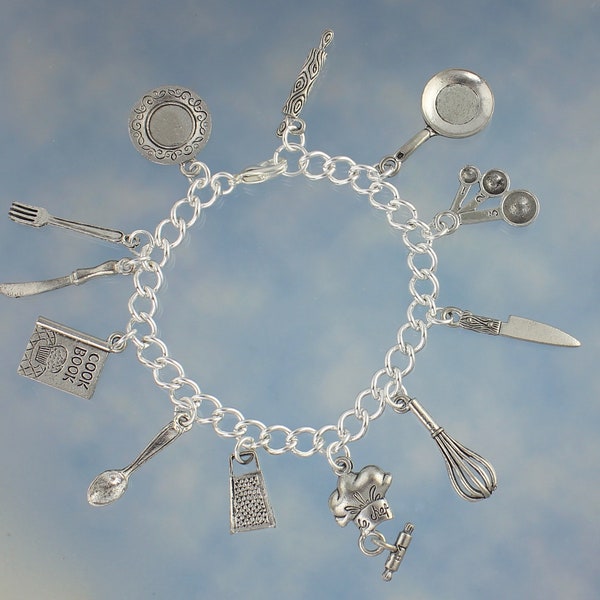 I Love to Cook Chef Charm Bracelet - pewter cooking utensils on chunky silver plated steel bracelet - perfect gift for cooks