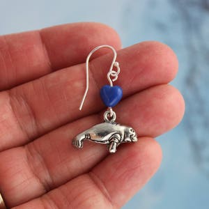 Manatee Love Earrings pewter dugong charms, blue glass heart beads, sterling silver hooks ocean, beach, sea cow image 3
