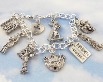 Bible Charm Bracelet - Old - New Testament- Adam & Eve, Noahs Ark, 10 commandments, Jesus, Mary -Free Shipping USA