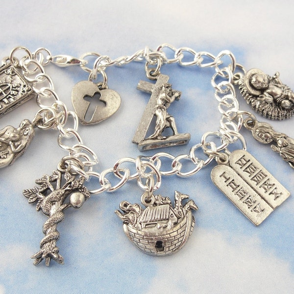 Bible Charm Bracelet - Old - New Testament- Adam & Eve, Noahs Ark, 10 commandments, Jesus, Mary -Free Shipping USA