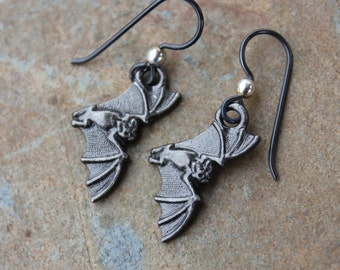 Bat Earrings - Gunmetal Black Bat Charms on Hypoallergenic Niobium Earwires - Macabre Gothic Fun - Halloween Horror, Vampire Bats