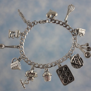 Love to Bake Charm Bracelet - pewter baking utensils, cake, pie and cupcakes-  stainless steel chain - perfect gift for chefs + bakers