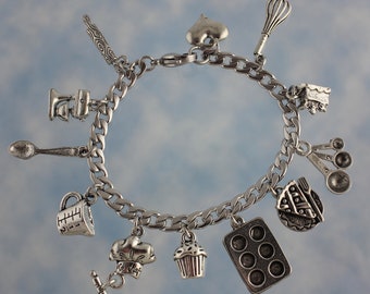 Love to Bake Charm Bracelet - pewter baking utensils, cake, pie and cupcakes-  stainless steel chain - perfect gift for chefs + bakers