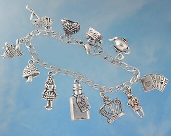 Alice in Wonderland Charm Bracelet- stainless steel chain- Alice, white rabbit, drink me, cards, mushroom, Queen of Hearts, tea charms