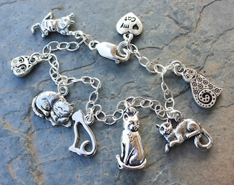 Love My Cat charm bracelet / anklet- silver plated kitty themed charms on sterling silver chain -for cat lovers - many sizes available