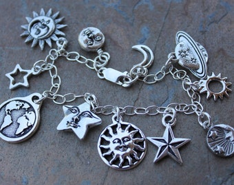 Night & Day celestial symbols charm bracelet - pewter moon, stars, sun, earth, planets charms on sterling silver chain -