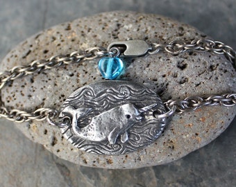 Narwhal Love Bracelet - Antiqued silver pewter unicorn of the ocean charm - twisted rope chain, aqua blue glass heart -