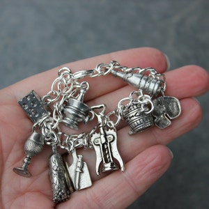 Wine & Cheese silver charm bracelet cheese, wine, champagne, corkscrew, wine glass, barrel, bottle on a chunky chain image 3