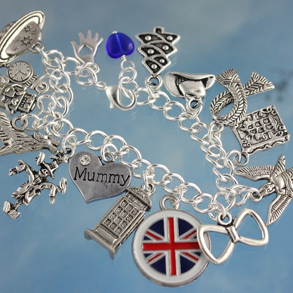 Time Lord Themed Silver Charm Bracelet- Police Box, Angel, Wolf, British Flag, Scarf, Scarecrow, Hand, Bow tie